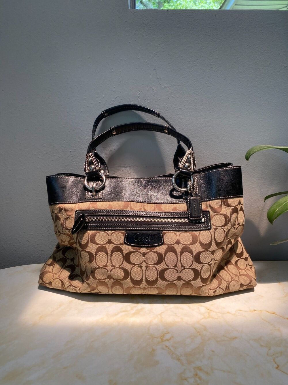 Y2K Coach Signature Penelope Shopper Monogram Black Leather Trim Shoulder bag